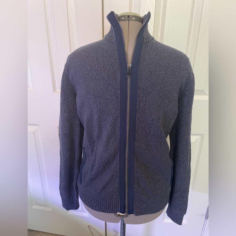 Daniel Hechter Men's Full Zip Sweater Ribbed Collar/Sleeves Dark Gray Medium